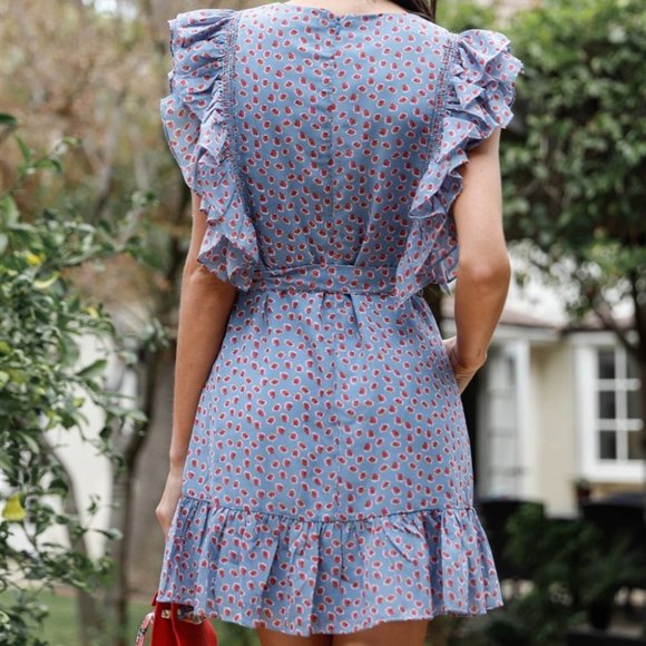 Rose Print Ruffle Trim Self-Tie Belted Mini Dress - Picture 4 of 4